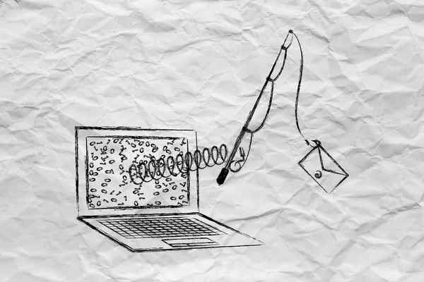 Laptop with email bait on fishing rod on the screen on a spring, — Stock Photo, Image