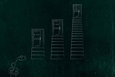 şüpheli adamın yanında merdiven farklı yükseklikte kümesi kapılar