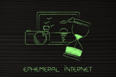 Fotoğraf ve cameran yanında kum saati, geçici Internet