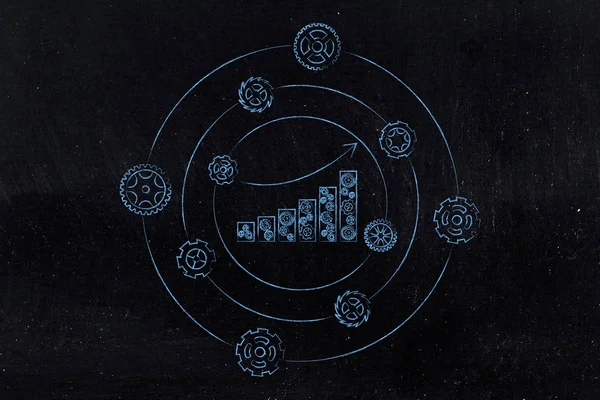 Verksamhet tillväxt diagram barer omgivet av snurrande kugghjul — Stockfoto