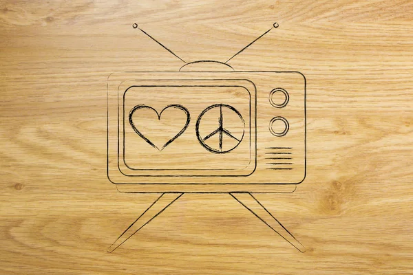 television with peace and love symbols on the screen