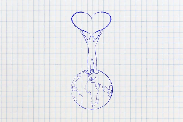 Mann hebt Liebeszeichen über den Planeten Erde — Stockfoto