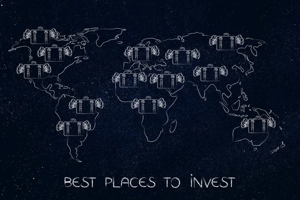 Zakken met geld over de kaart van de wereld, plaatsen om te investeren — Stockfoto