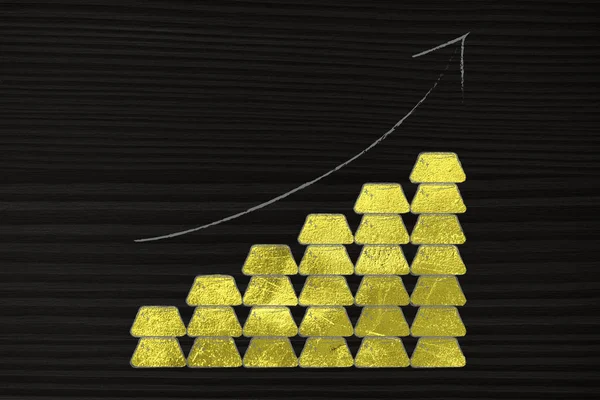 Montones de lingotes de oro con flecha subiendo — Foto de Stock
