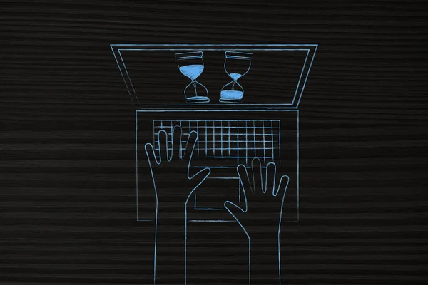 Пользователь ноутбука с песочными часами на экране — стоковое фото