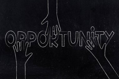 hands grabbing parts of the word Opportunity clipart