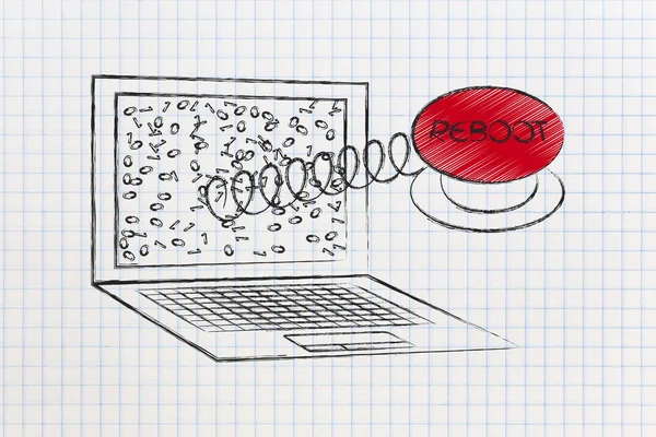Rode opnieuw opstarten knop coming out van laptop scherm op een veer — Stockfoto