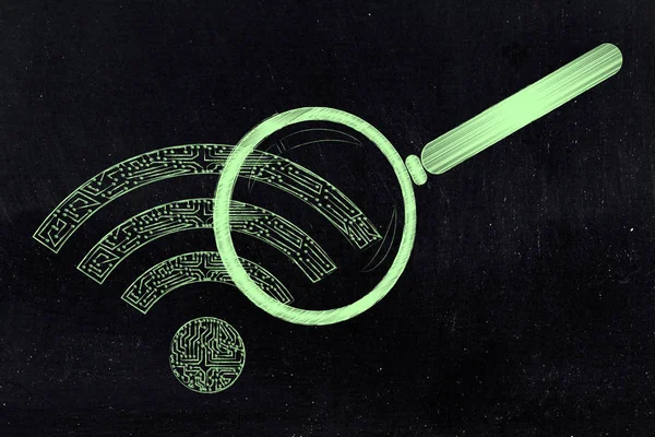 Символ wi-fi, зроблений з мікросхем, проаналізованих збільшенням — стокове фото