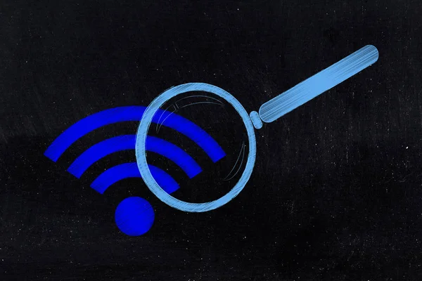 Символ wi-fi аналізується збільшуючим склом — стокове фото
