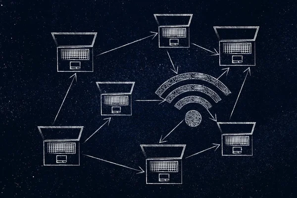 Ordinateurs portables et symbole wi-fi faits de circuits de micropuces dans un réseau — Photo