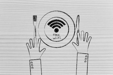 Wi-fi logosu bıçak ve çatal ve eller, ücretsiz connecti plaka üzerinde