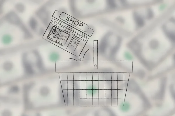Shopping basket with entire shop being thrown inside — Stock Photo, Image