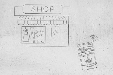 alışveriş sepeti mağaza önünde ile smartphone