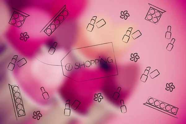 Prezzo cartellino con testo Shopping circondato da prodotti make-up — Foto Stock