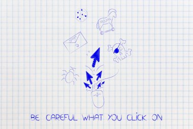 bilgisayar fare işaretçi okları siber tehditler tarafından çevrili olan