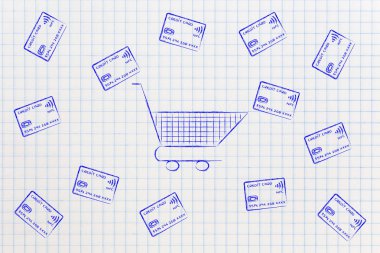 kredi kartları uçan tarafından çevrili boş sepeti