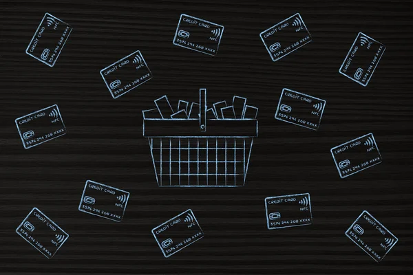 Shopping basket surrounded by credit cards — Stock Photo, Image