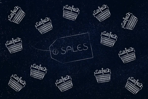 Sales item label surrounded by flying shopping baskets — Stock Photo, Image