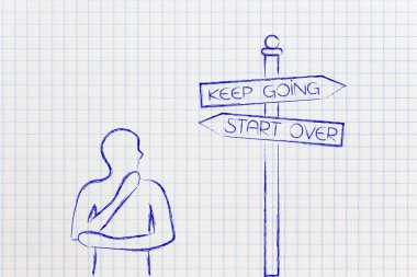 şüpheli adamın yanında yol işaret veya devam başla