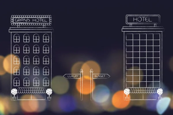 Konkurrent hotell med vägmärke lyx och Budget — Stockfoto