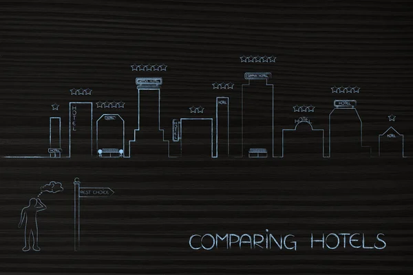 Turista duvidoso em frente ao horizonte da cidade com hotéis para escolher — Fotografia de Stock