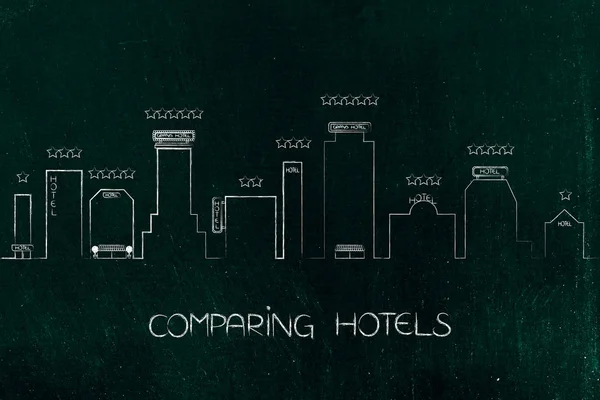 標識や星と異なるホテルの建物と街のスカイライン — ストック写真