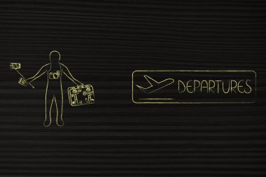 Havaalanı Departur yanında pasaport ve selfie sopayla Gezgin