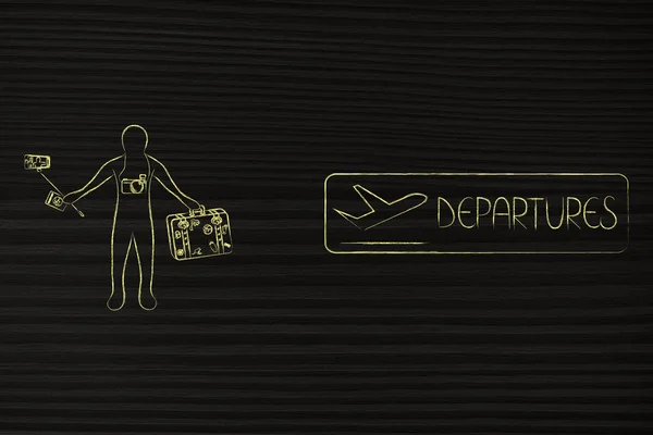 旅行用护照和自拍照棍子机场 Departur — 图库照片