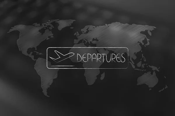 Airport style departures sign over world map overlay and unfocus — Stock Photo, Image