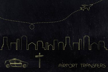  Havaalanı transferleri yol işareti ve şehir manzarası yanındaki taksi araba