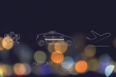 Taksi araba ve uçak kalktıktan yanında Bagaj simgesi