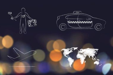 Havaalanı transfer taksi simgesi, uçak ve dünya m yanında turizm
