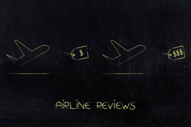 ucuz ve pahalı fiyat etiketleri yanında uçak, havayolu revie