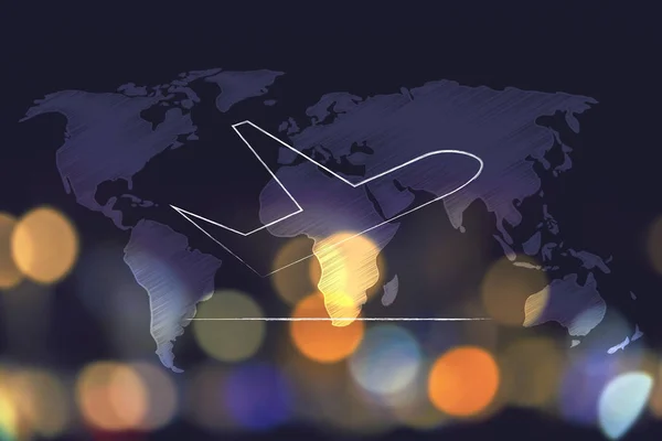 Flygplan som lyfter över världen karta överlagring och natten staden bo — Stockfoto