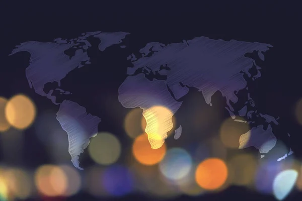 World map overlay and nighttime city bokeh background — Stock Photo, Image