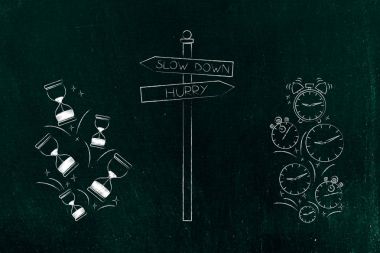 Acele et yoksa yol işaret yavaş kum saati ve alarmlar