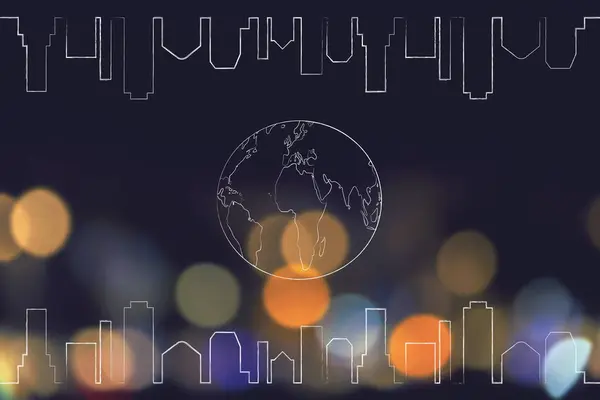 Weltkugel mit Stadtsilhouette, die sich über nächtlichen Lichtern spiegelt — Stockfoto