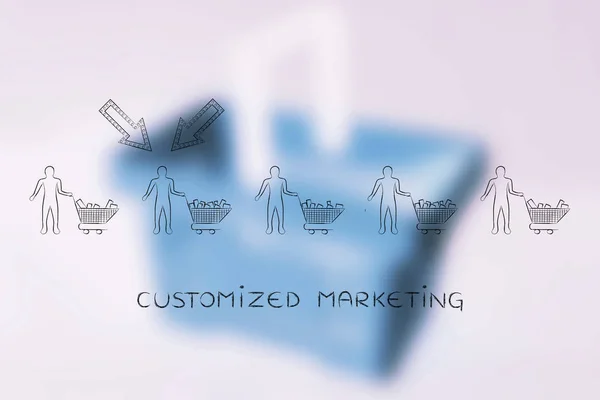 Grupo de clientes y uno de ellos con flechas, marca personalizada — Foto de Stock