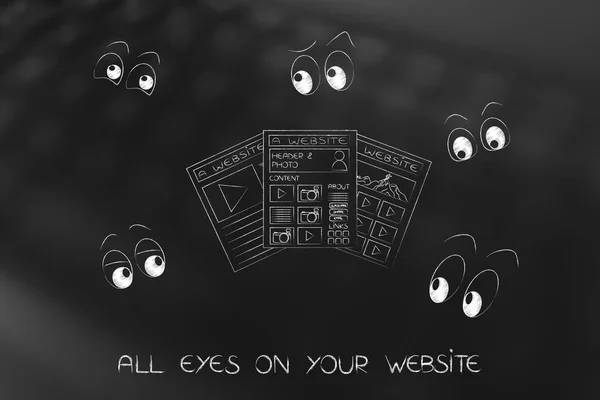 Webpages surrounded by cartoon eyes staring — Stock Photo, Image