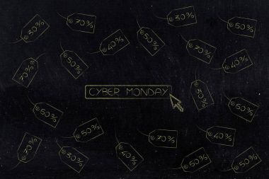 Cyber Pazartesi düğmesi ve fiyat etiketleri sal ile çevrili imleç