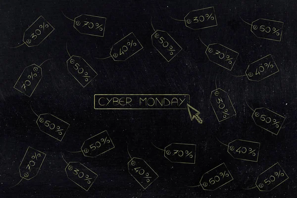 Cyber Pazartesi düğmesi ve fiyat etiketleri sal ile çevrili imleç