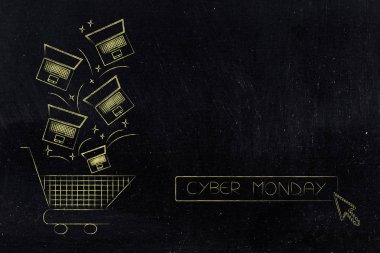 fiyat etiketleri ile siyah Fr ile alışveriş sepeti içine düşme dizüstü bilgisayarlar