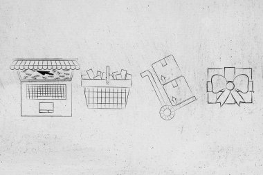 alışveriş sepeti, parsel ve pr yanında çevrimiçi mağaza ile dizüstü bilgisayar