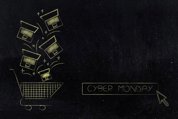 fiyat etiketleri ile siyah Fr ile alışveriş sepeti içine düşme dizüstü bilgisayarlar