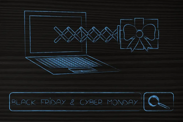 Search bar with Black Friday Cyber Monday text and present comin — Stock Photo, Image