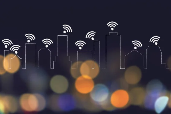 Skyline della città dove ogni edificio è collegato ad una rete wi-fi — Foto Stock