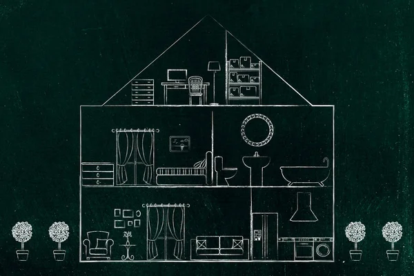 Ilustración de la sección de la casa con vista a las diferentes habitaciones, b —  Fotos de Stock