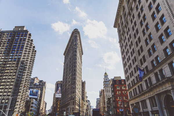 NEW YORK, NY - September 4th, 2017: The iconic Flatiron in lower Manhattan, triangular shaped builiding