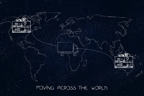 Mapa con casas y camiones de mudanzas que van de un continente a otro —  Fotos de Stock