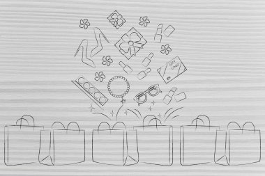 moda nesneleri içinde atmış ve bol alışveriş torbaları